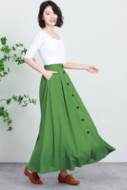 Green Cotton Linen Maxi Skirt - Button Down Pleated Design 5732