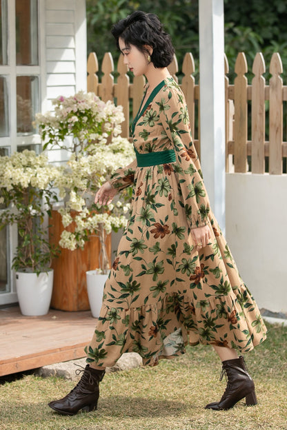 Xiaolizi Boho Linen Midi Dress – Vintage Contrast V Neck 6693
