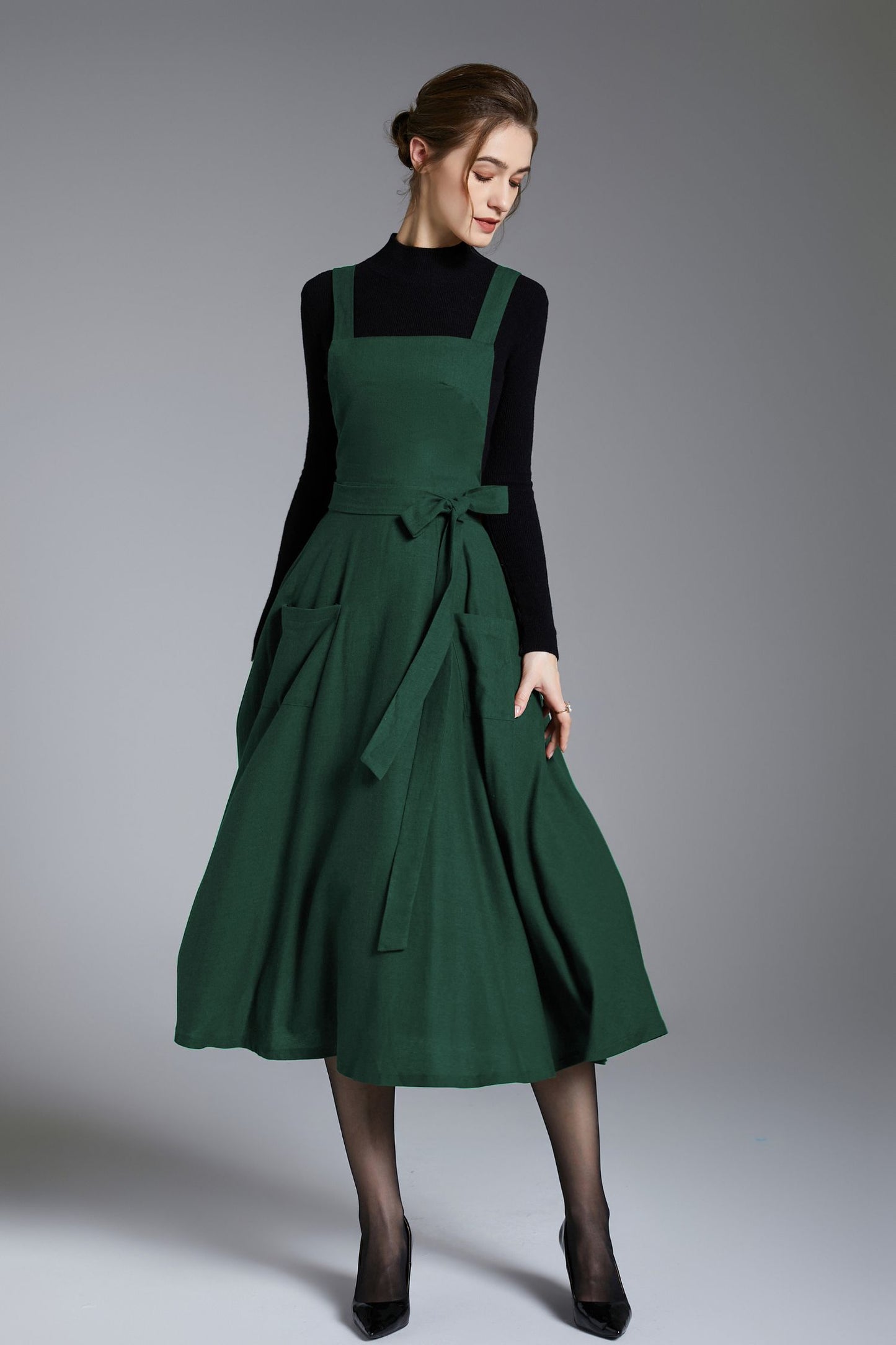 Green Linen Pinafore Dress – Handmade Midi Apron Dress 6673