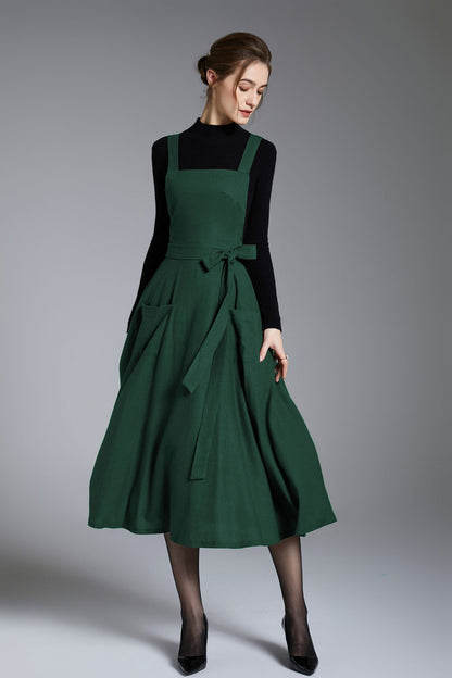 Green Linen Pinafore Dress – Handmade Midi Apron Dress 6673