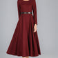 Burgundy Wool Midi Dress – Women’s Long Sleeve Fit and Flare Winter Dress 2429