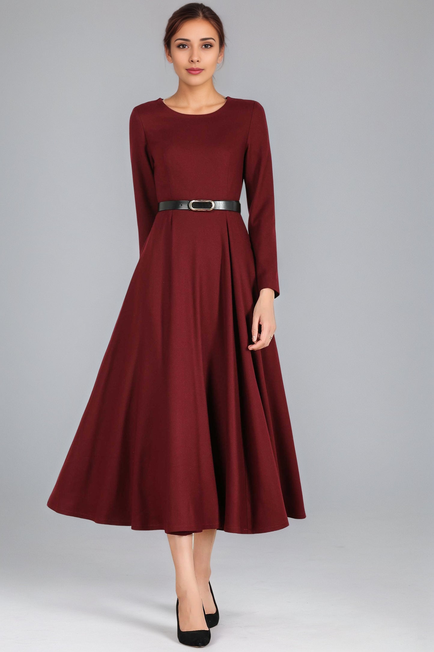 Burgundy Wool Midi Dress – Women’s Long Sleeve Fit and Flare Winter Dress 2429