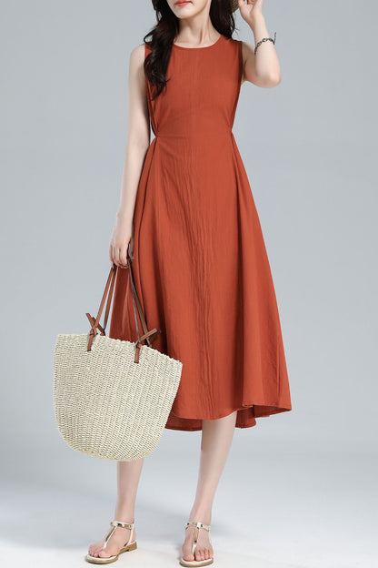 Orange Linen Blend Sleeveless Midi Dress - A-Line Silhouette with Belt 3617