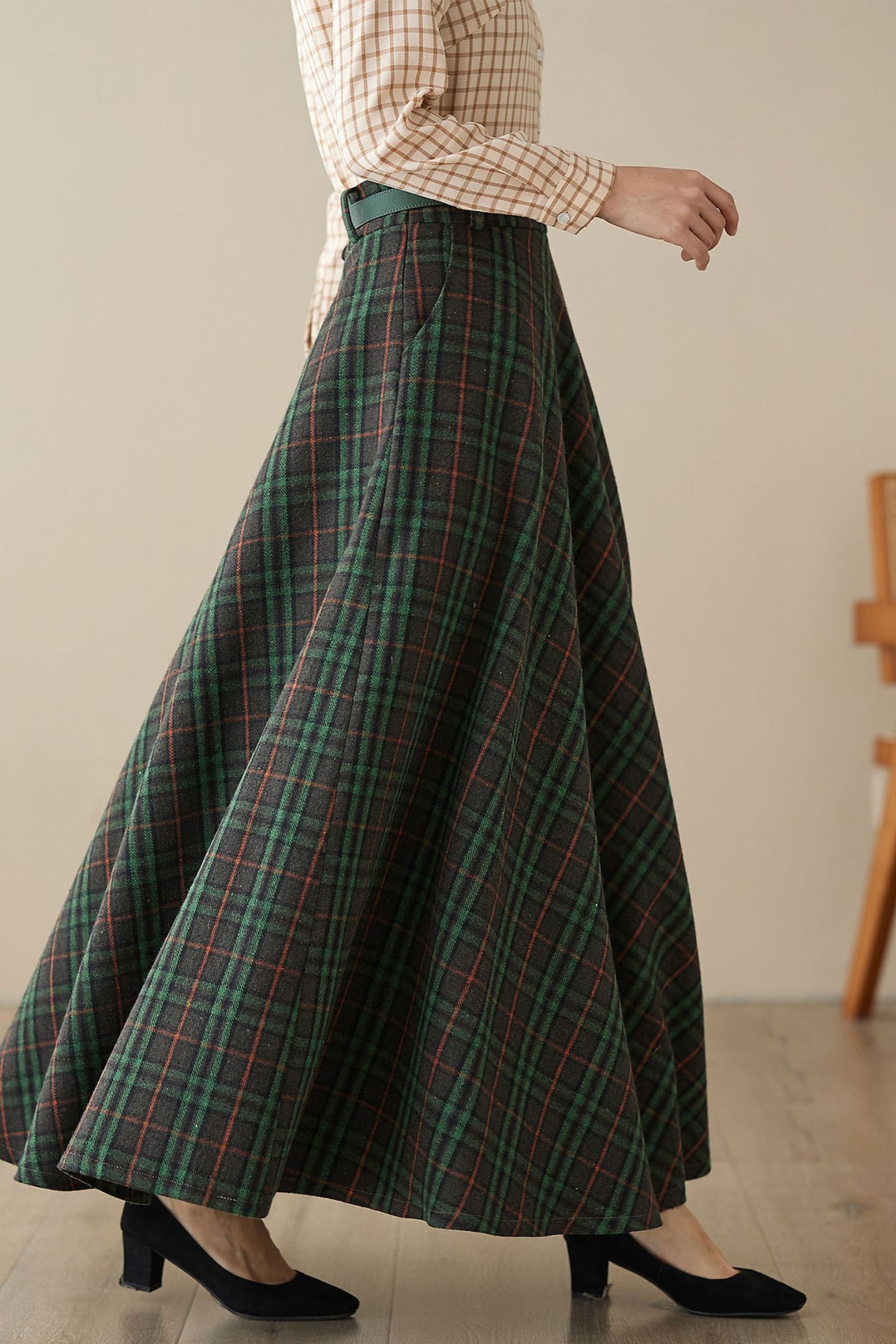 Swing Long wool plaid skirt 5260