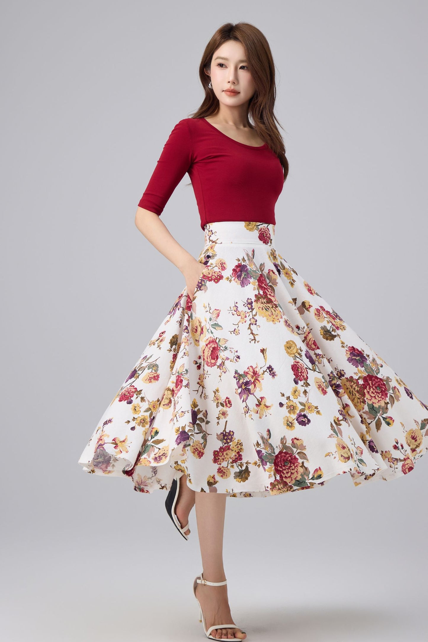 White Floral Cotton Linen Midi Skirt - High Waist, A-line Swing | Xiaolizi 6764