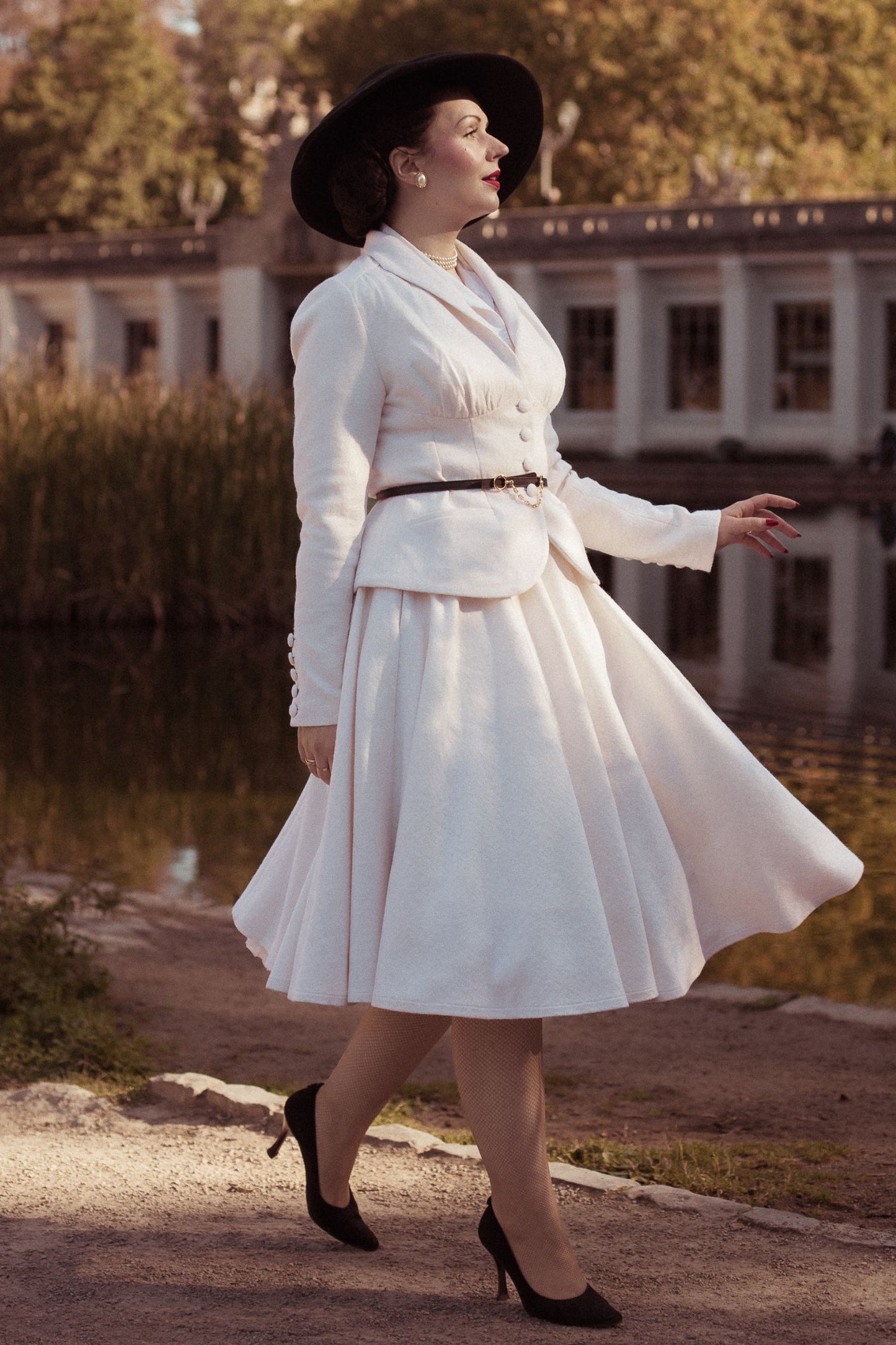 White Wool Two Piece Set – Handmade Vintage Tailored Blazer and Midi Skirt Suit for Women 6540