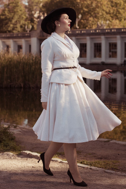 White Wool Two Piece Set – Handmade Vintage Tailored Blazer and Midi Skirt Suit for Women 6540