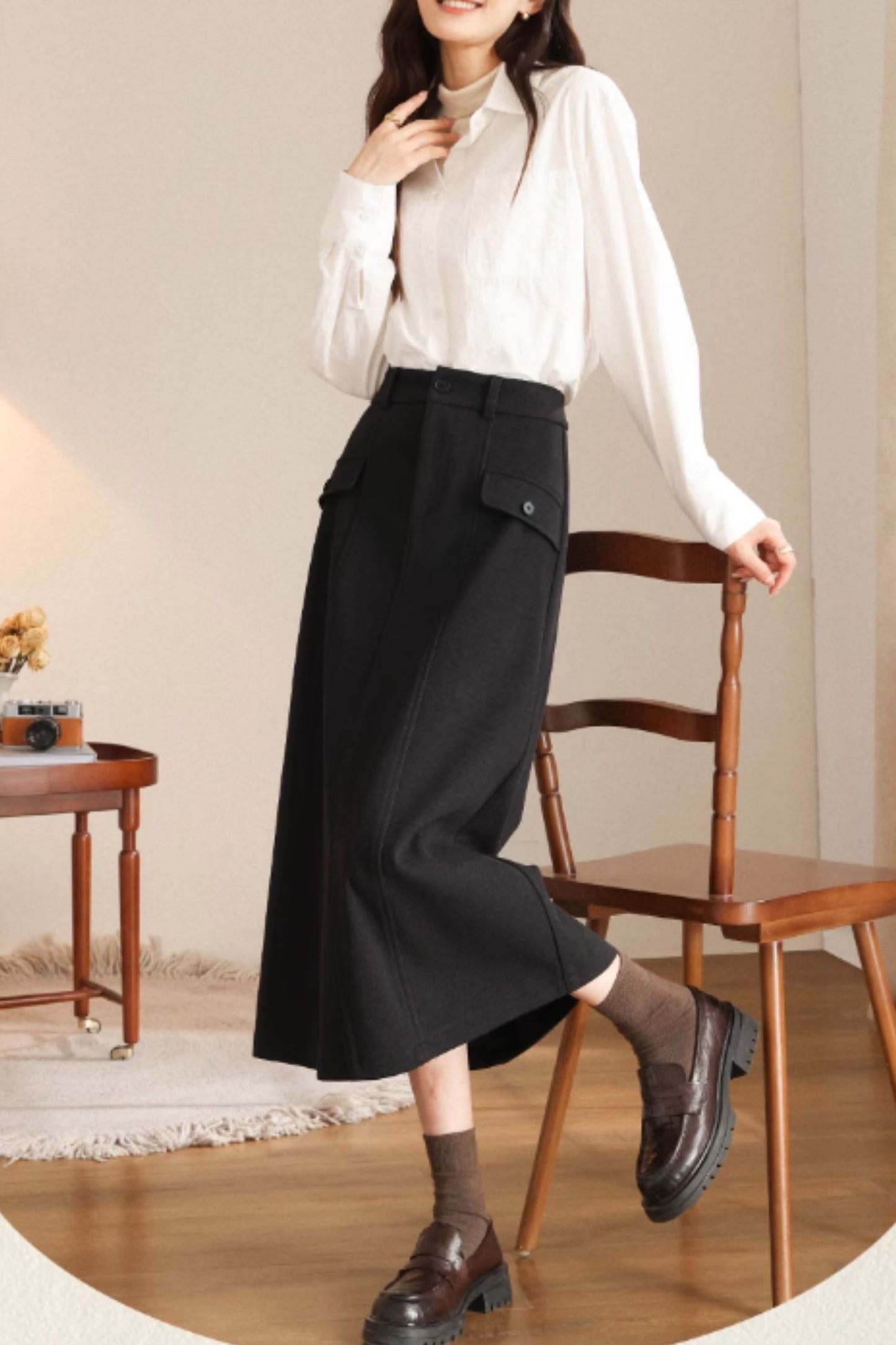 A line black midi winter wool skirt 5467