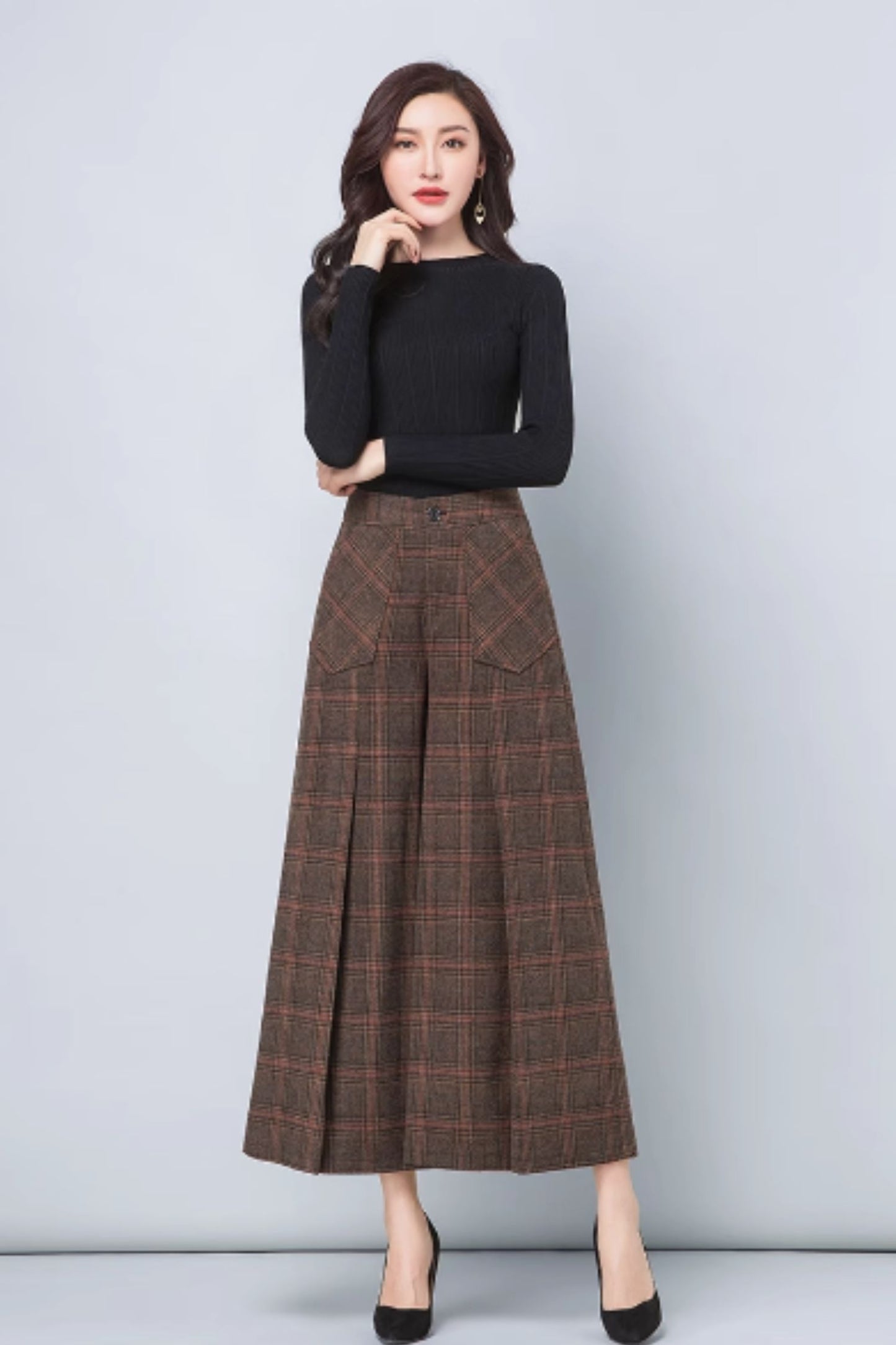 Plaid wide leg wool pants women 5419