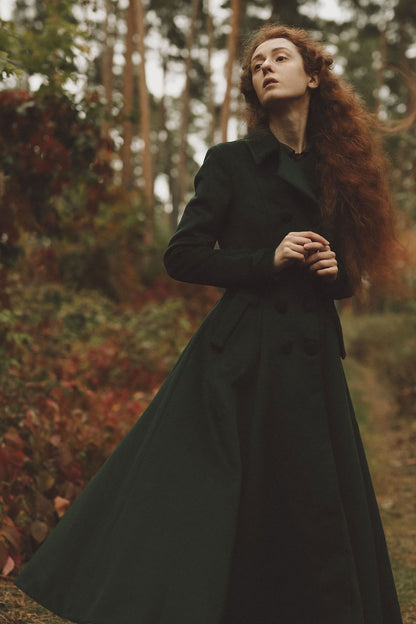 Dark Green Wool Maxi Coat – Vintage Double Breasted Winter Longline Flare Coat 3180