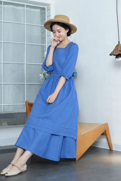 Blue Linen Cottagecore Dress with Square Neckline and Apron Detail – Xiaolizi