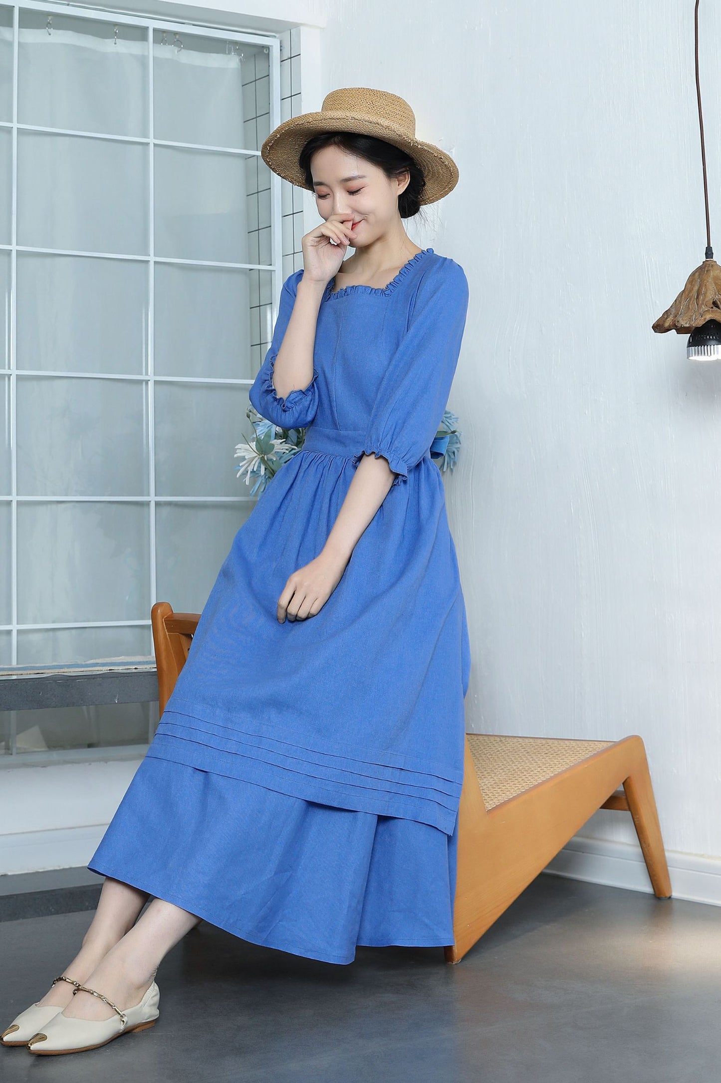 Spring women's Blue Linen Cottagecore Dress 3362