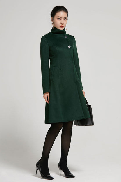 Emerald Green Wool A-Line Winter Coat - Vintage Stand Collar 2313