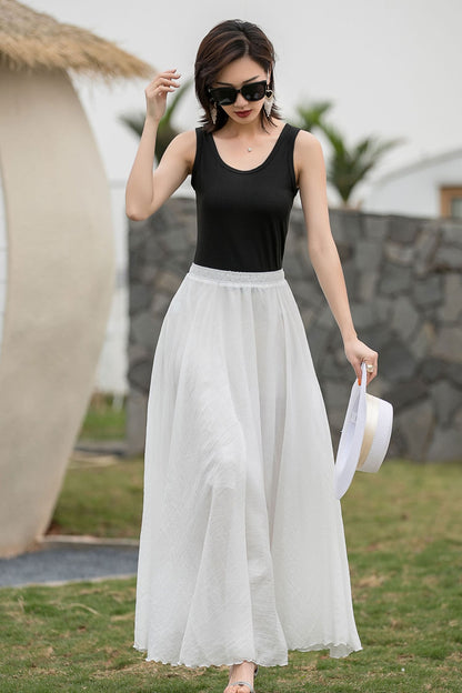 Boho Elastic Waist Pleated Maxi White Skirts 2718