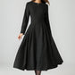 Handmade Black Wool Blend Midi Dress – Elegant Pleated Fit & Flare with Long Sleeves 6524