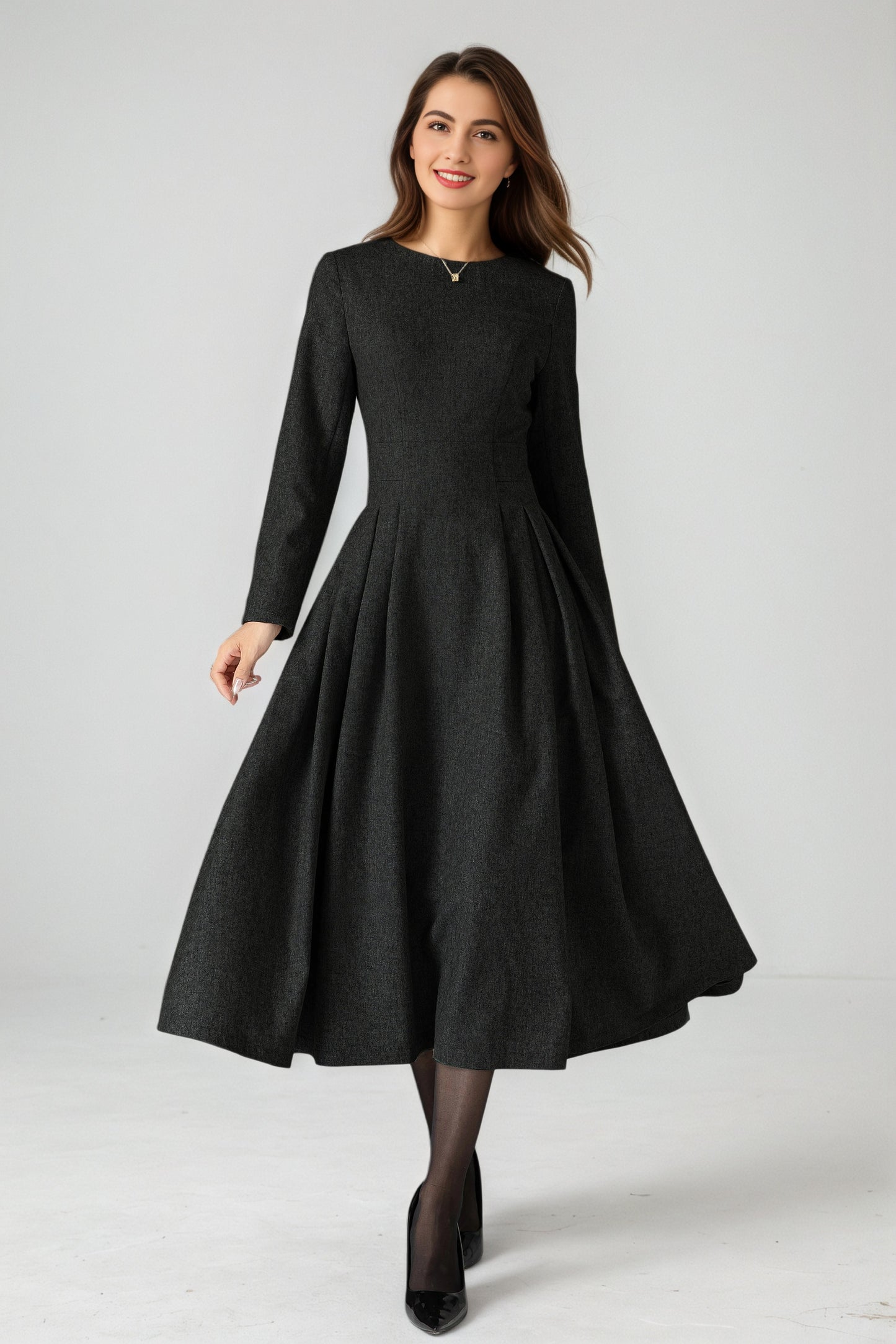 Handmade Black Wool Blend Midi Dress – Elegant Pleated Fit & Flare with Long Sleeves 6524