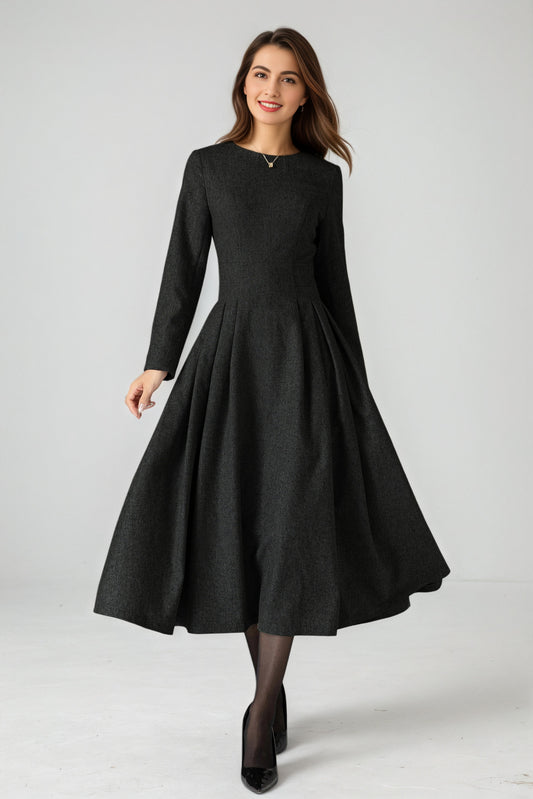 Handmade Black Wool Blend Midi Dress – Elegant Pleated Fit & Flare with Long Sleeves 6524