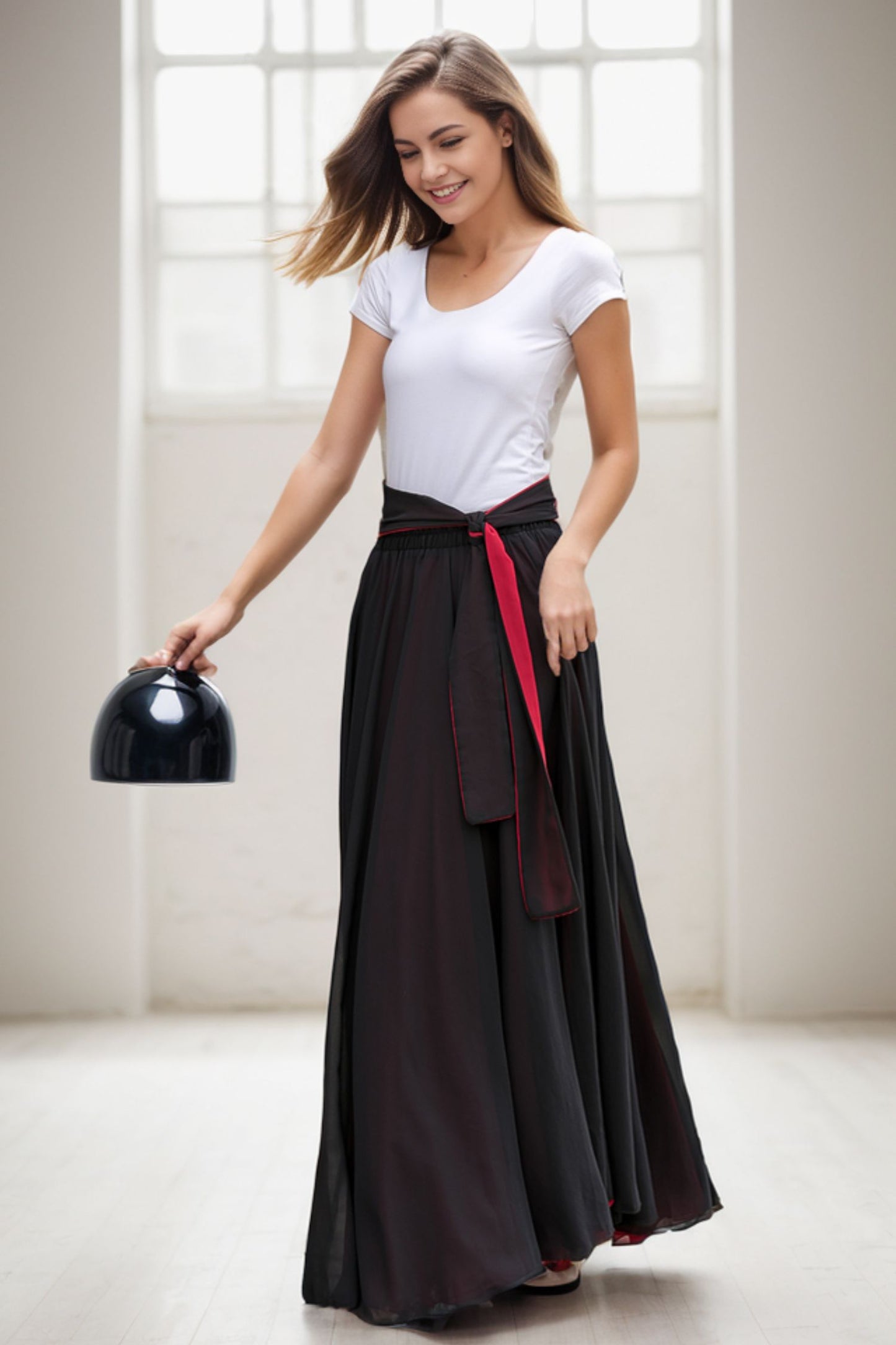 Black Long Chiffon Maxi Skirt Women 5130