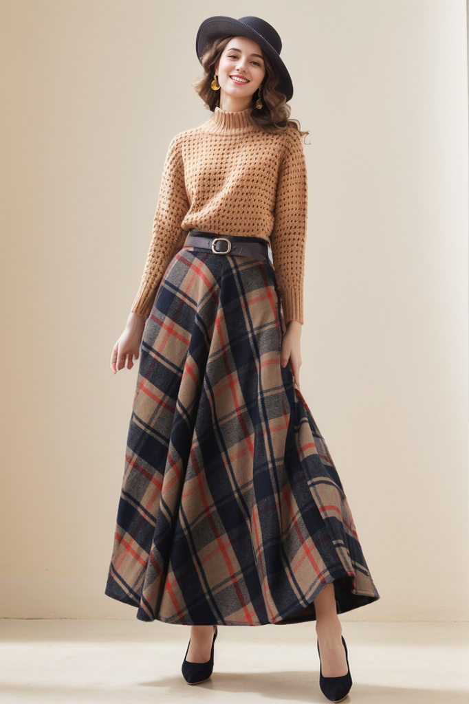 Handmade Women's Vintage Plaid Wool Long Skirt - Winter High Waist 5275