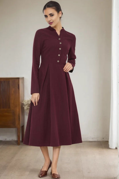 Burgundy Linen Midi Dress - Button Front A-Line Long Dress 5570