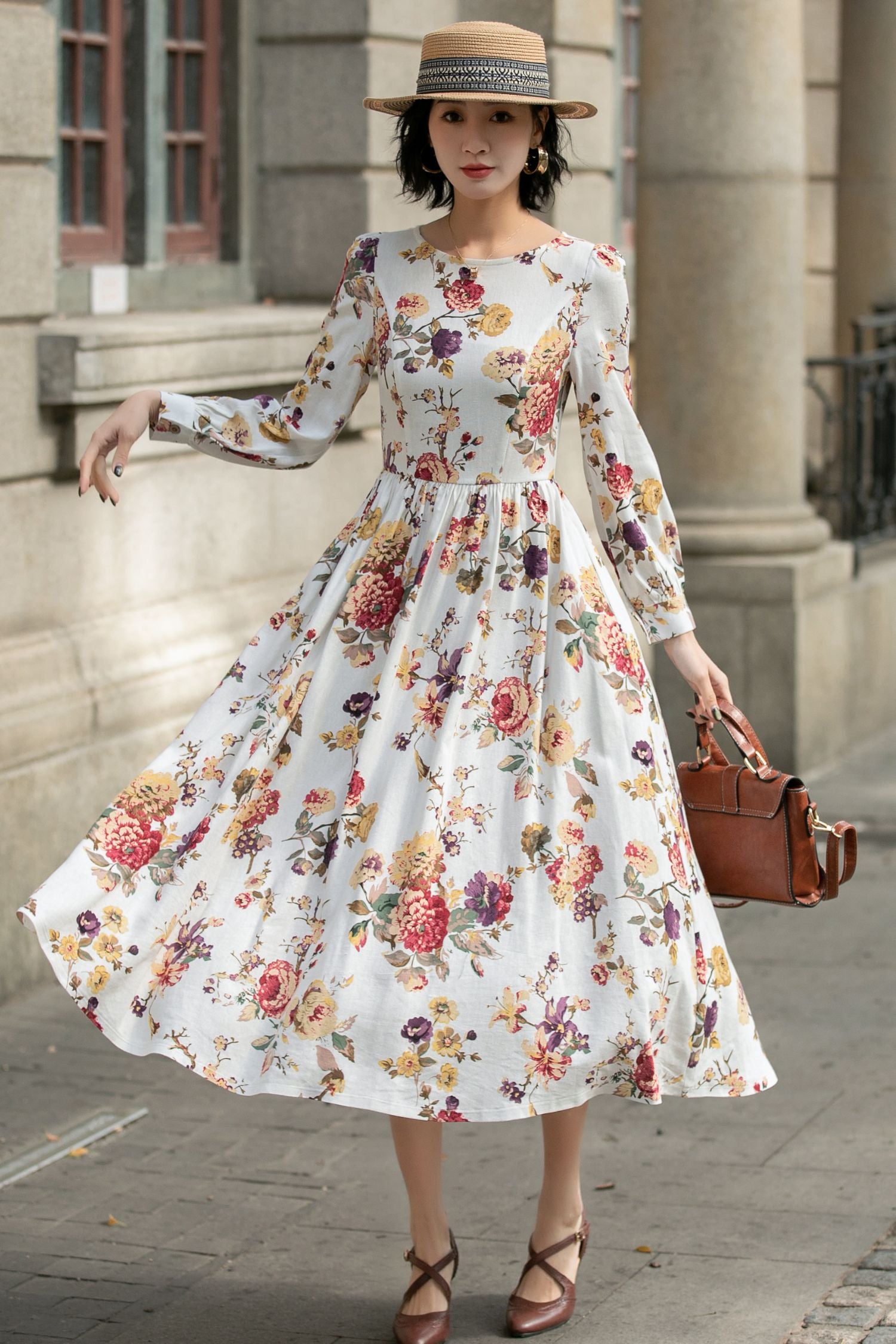 Floral Linen Maxi Dress Handmade Long Sleeve Vintage Swing Dress | Xiaolizi Floral / XS Floral Linen Maxi Dress Handmade Long Sleeve Vintage Swing Dress | Xiaolizi Floral / XS