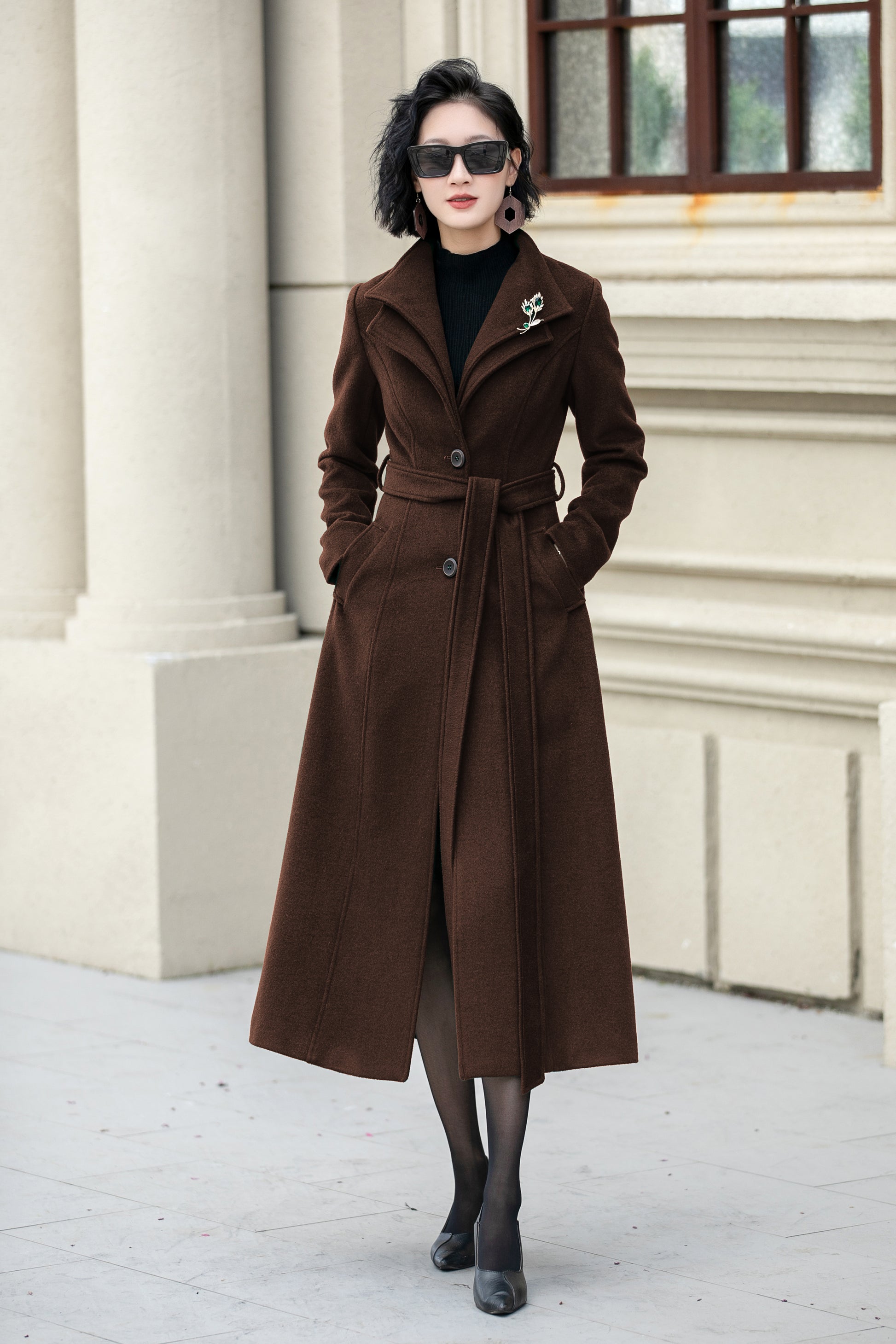 brown dress coat Long wool trench coat women 6306 Brown / XL