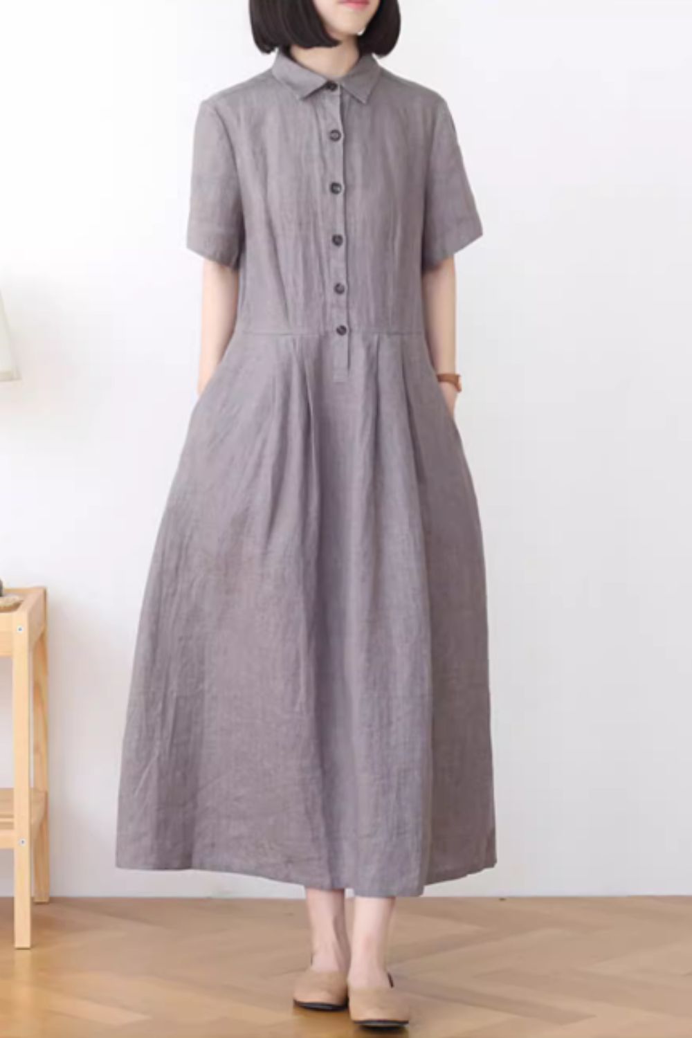 Gray summer linen shirt dress with pockets 4835