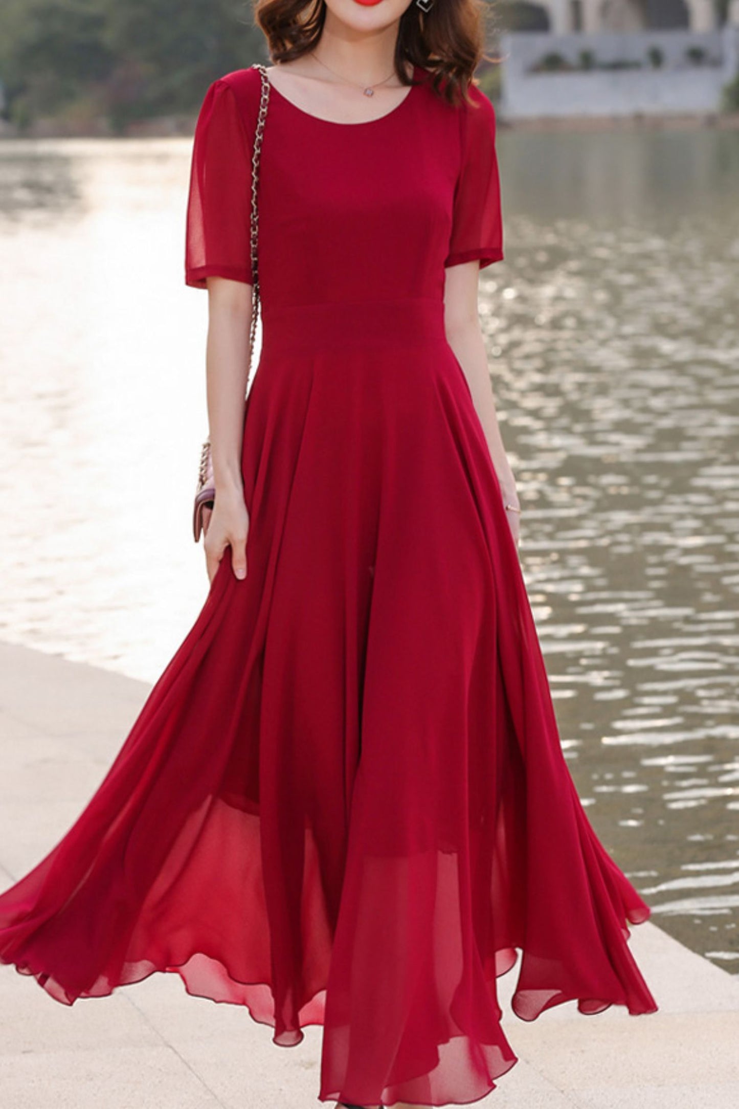 Prom fit and flare red chiffon dress HY0032