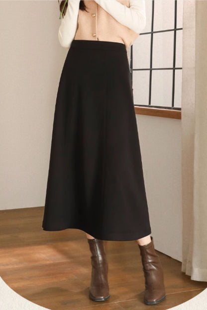 Black Wool Midi Skirt - A-Line Silhouette 5468