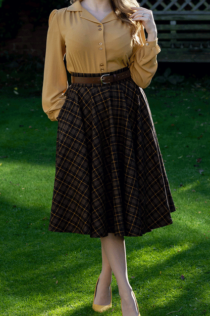 Black and Brown Wool Midi Circle Skirt - Plaid High Waist 4729