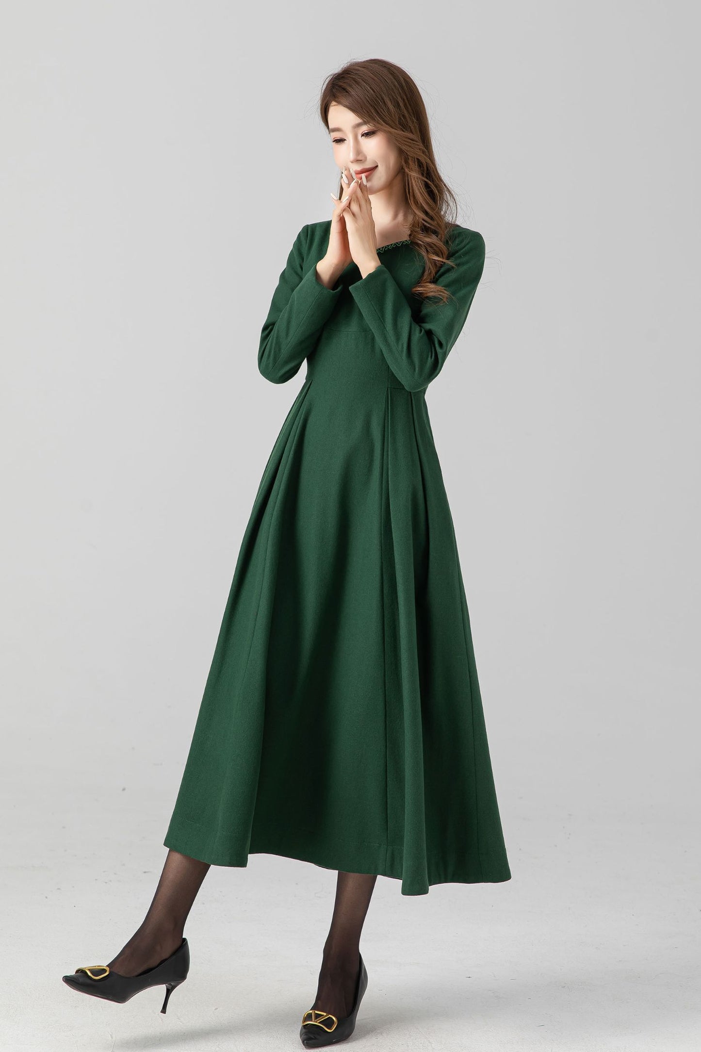 Green fit and flare midi wool dress women 4670