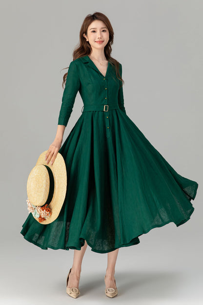 Green Linen Blend Midi Shirt Dress - Fit and Flare with Tie Belt Waist 4909