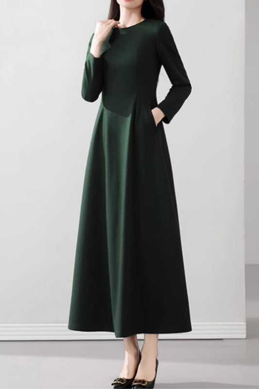 Maxi green long wool dress with pockets 5538