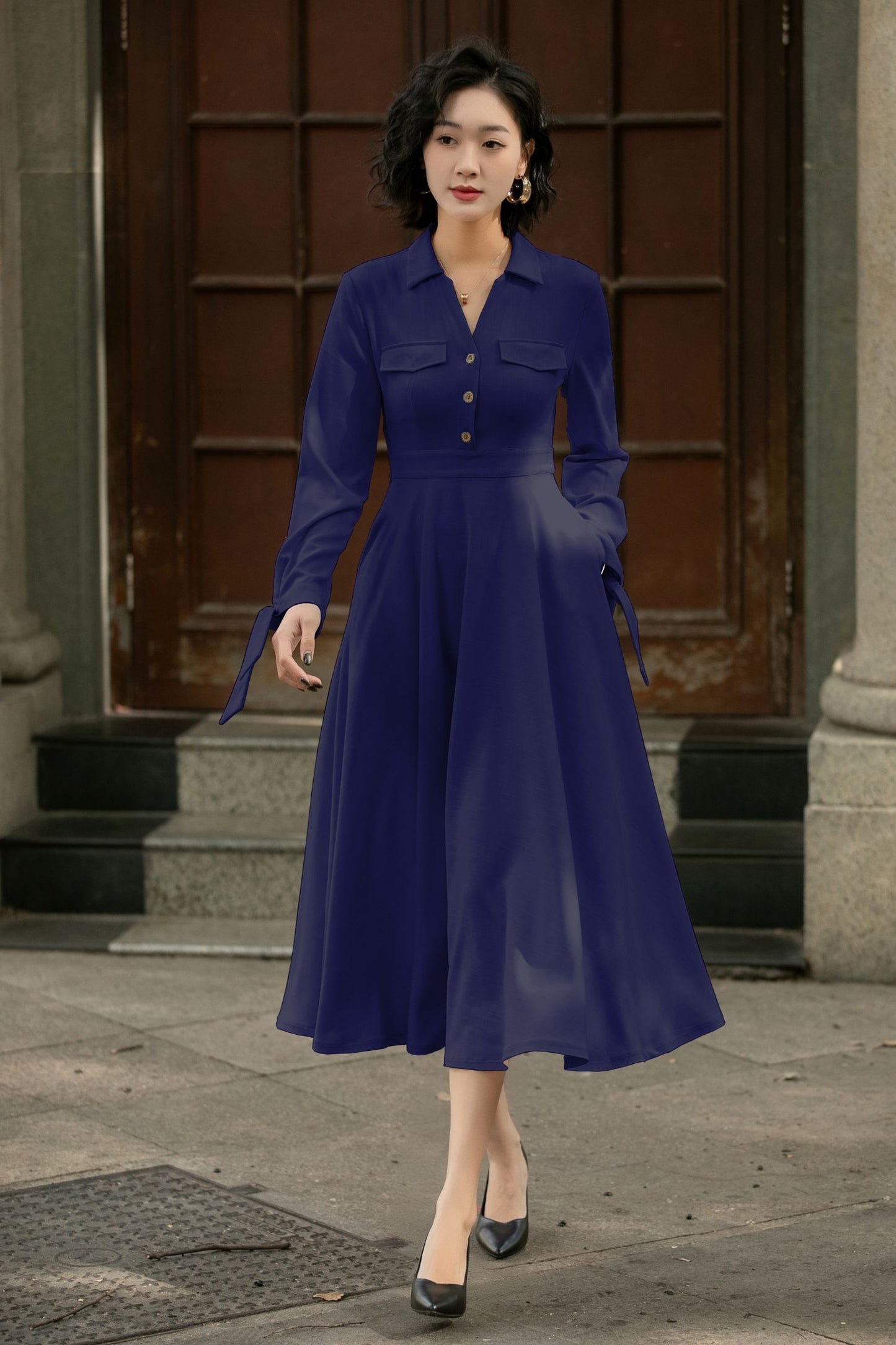 Handmade Linen Cotton Midi Shirt Dress – Vintage Elegant Swing Dress for Women 6286