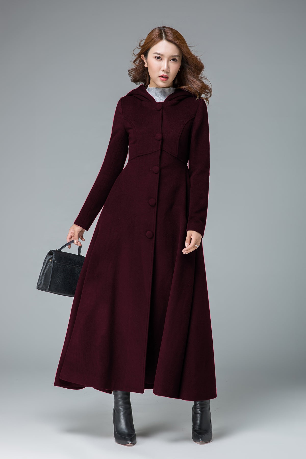 Elegant Hooded Wool Coat – Vintage Inspired Maxi A-Line Winter Outerwear 6304