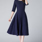 Handmade Navy Linen Cotton Midi Dress – Fit & Flare with Pockets 6656