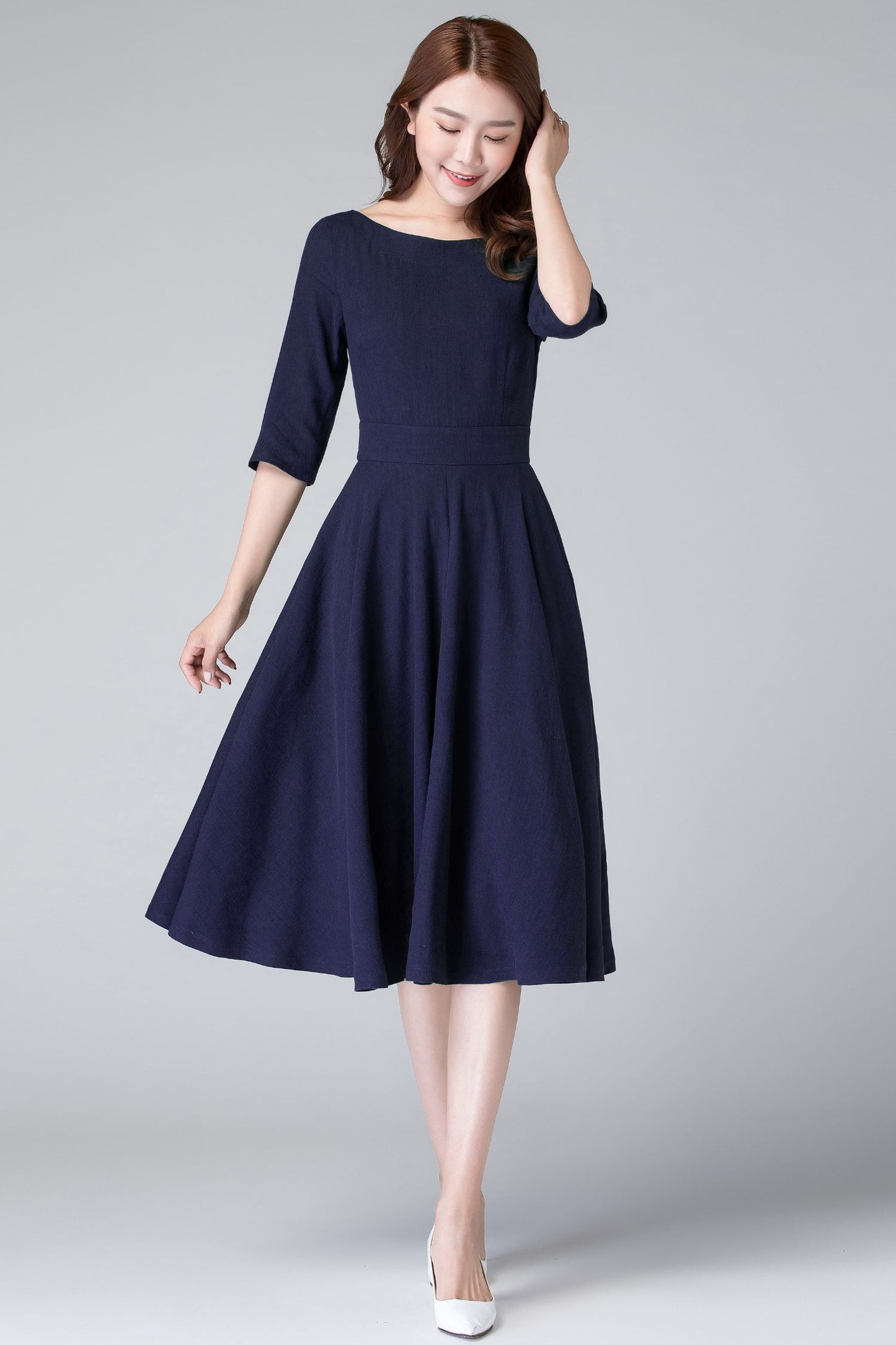 Handmade Navy Linen Cotton Midi Dress – Fit & Flare with Pockets 6656