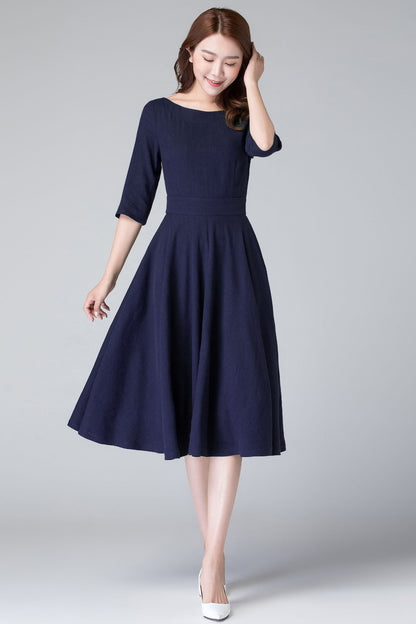 Navy Linen Midi Dress – Handmade Short Sleeve Fit & Flare Summer Dress with Pockets | Xiaolizi 6656