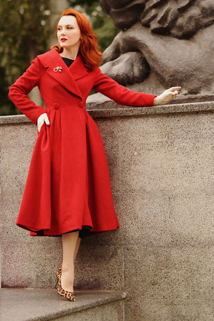 Elegant Red Wool Blend Coat – Handmade Fit & Flare Long Winter Coat | Xiaolizi 3189