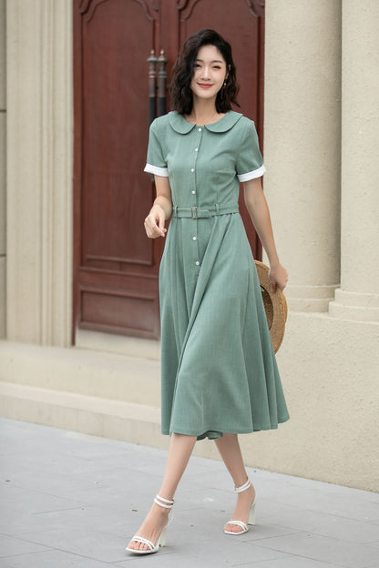 Green Linen Cotton Midi Dress – Vintage Belted Summer Shirt Dress 5148