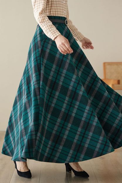 Handmade Deep Green Plaid Wool Maxi Skirt – High Waist A-line Winter Long Skirt | Xiaolizi 4628
