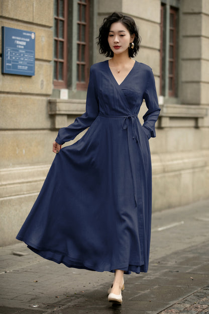 Handmade Linen Cotton Wrap Midi Dress – Vintage Elegant V-Neck Swing Dress 6301