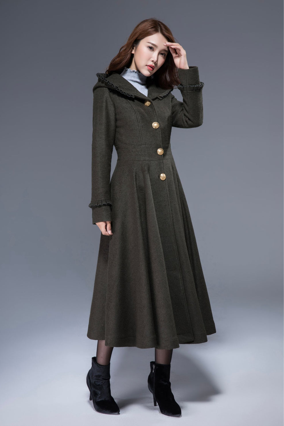 Army green fit and flare romantic wool coat 1823# – XiaoLizi