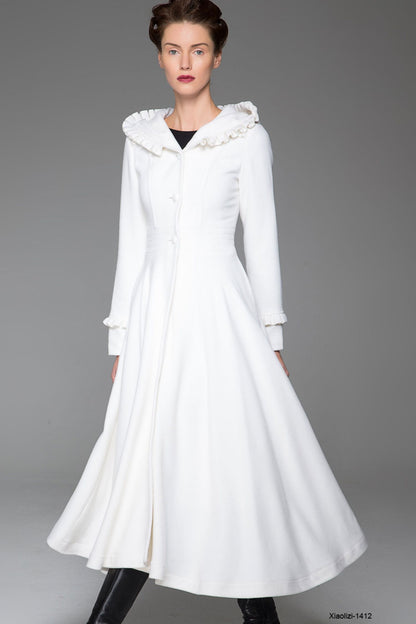Winter Wedding Wool Coat – Handmade White Fit & Flare Hooded Coat | Xiaolizi 1412