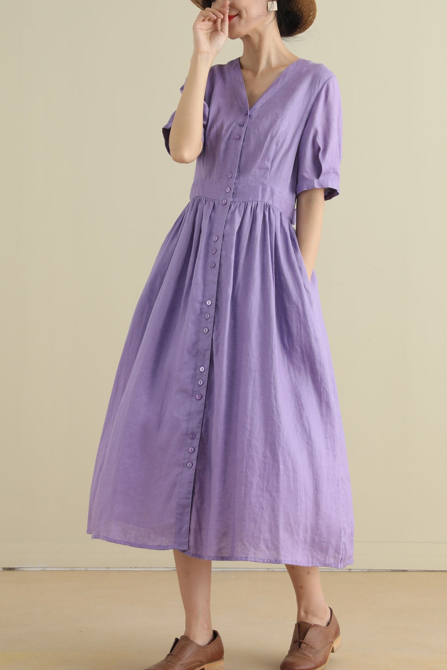 Button up purple midi linen dresses 2796