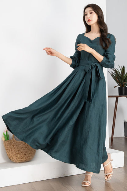 Teal Linen Maxi Dress - A-Line Silhouette with Waist Tie 5639