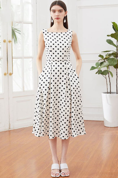 Black & White Linen Dress - Sleeveless Polka Dot A-Line Midi 5140