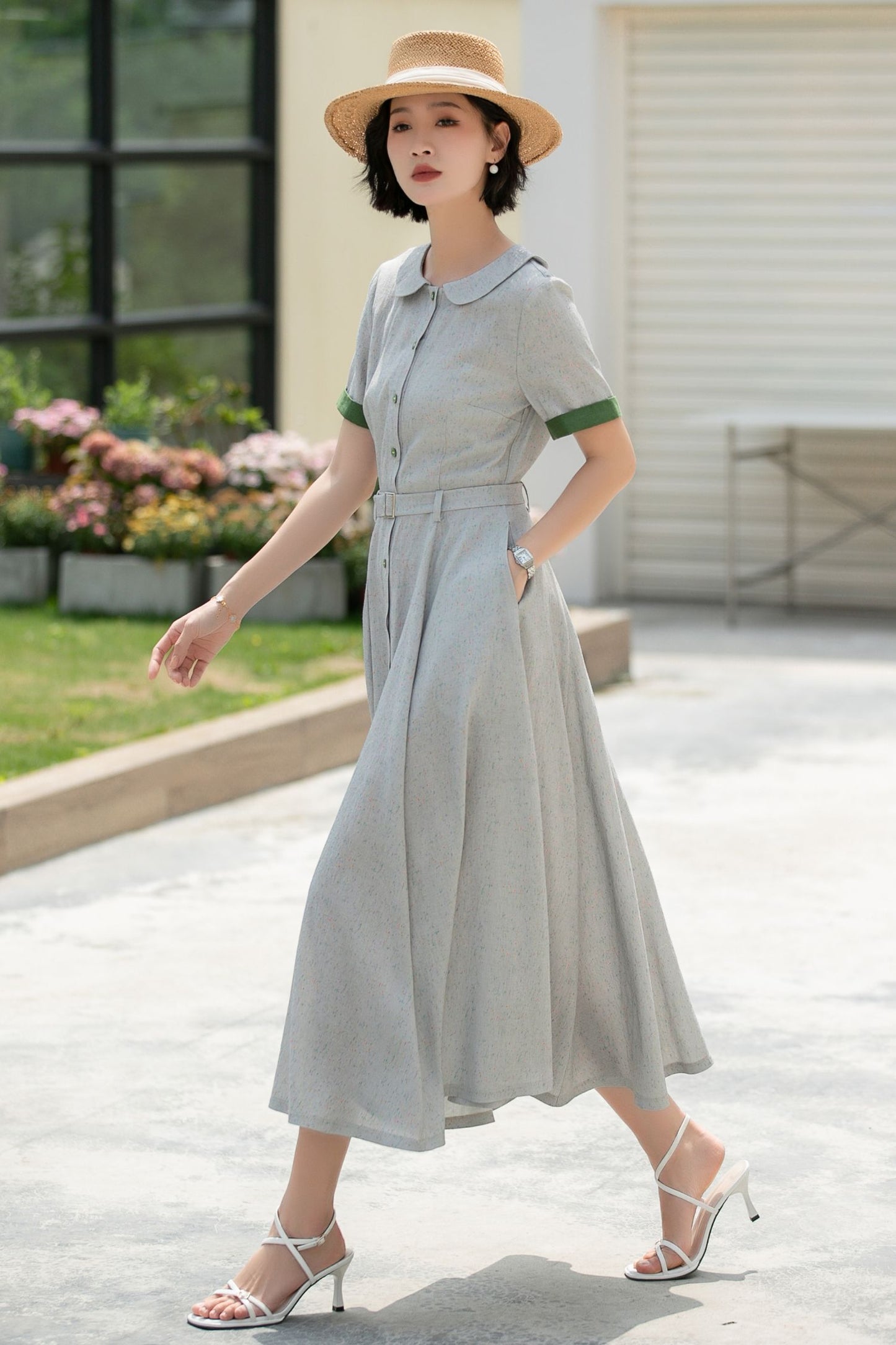 Grey midi Swing linen shirt Dress 5987 - S #CK2500324