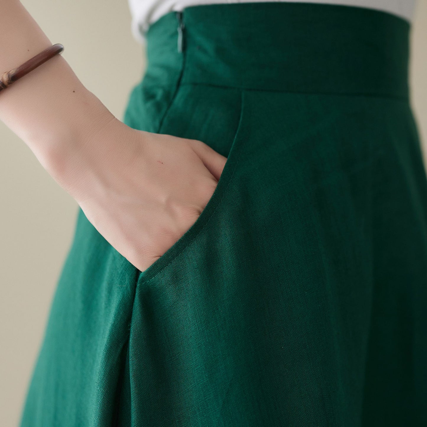 Green Linen Maxi Skirt with pockets 4974