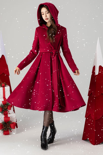 Red hooded long wool coat women 4615